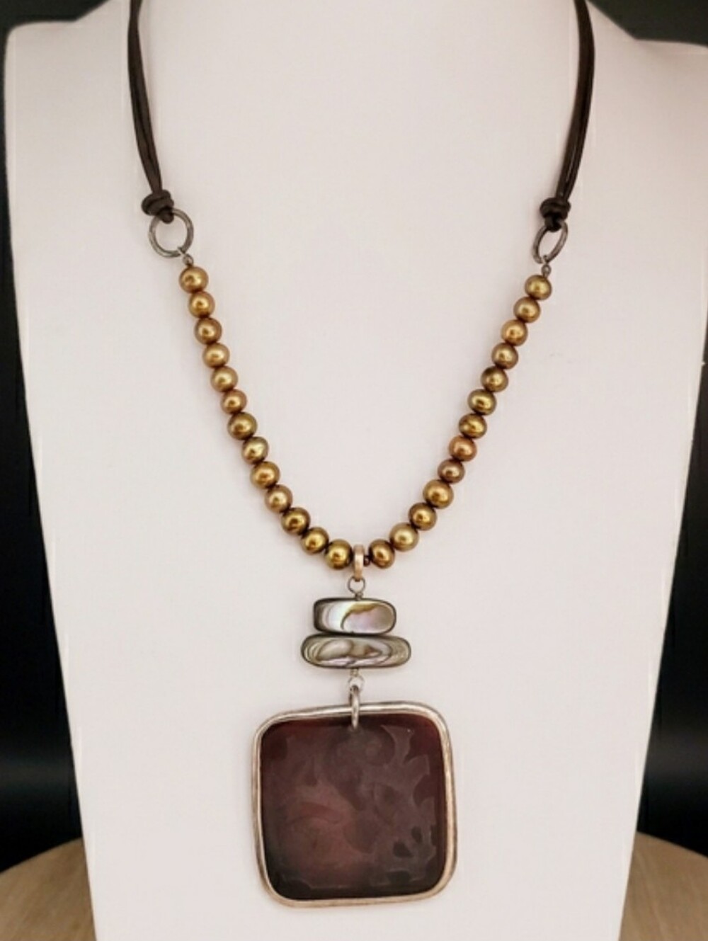 Silpada Etched Rootbeer Glass Tile Pendant with Freshwater Pearls Necklace